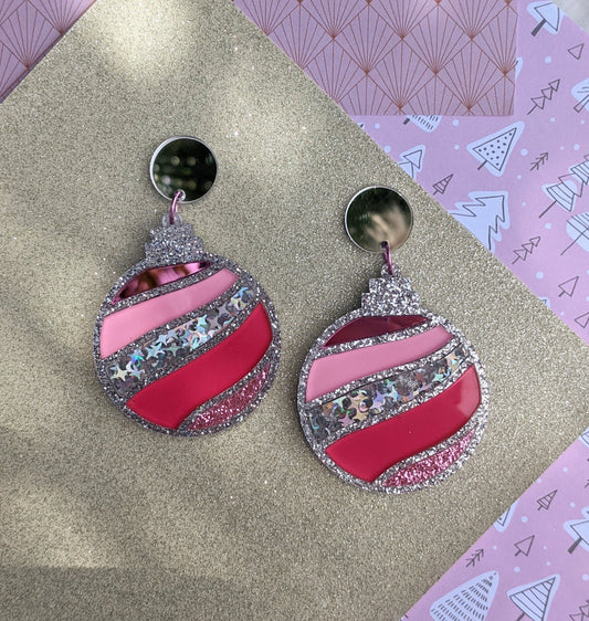 XMAS PINK SHIMMER BAUBLE DANGLES