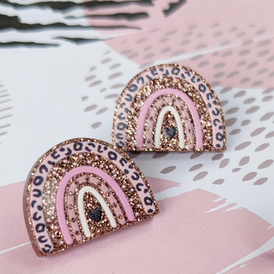 ROSE GOLD GLITTER RAINBOW STUDS